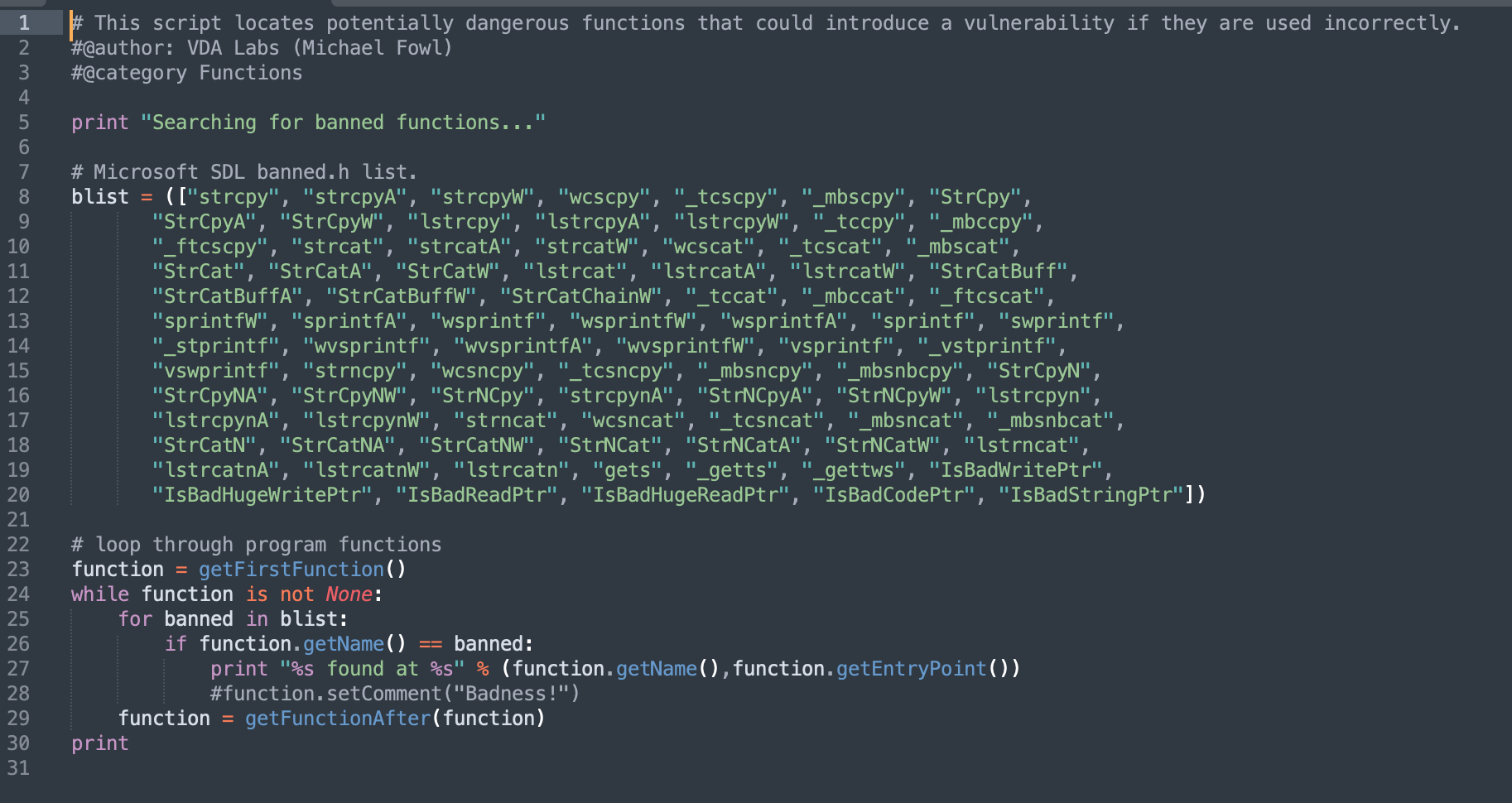 Automating GHIDRA: Writing a Script to Find Banned Functions